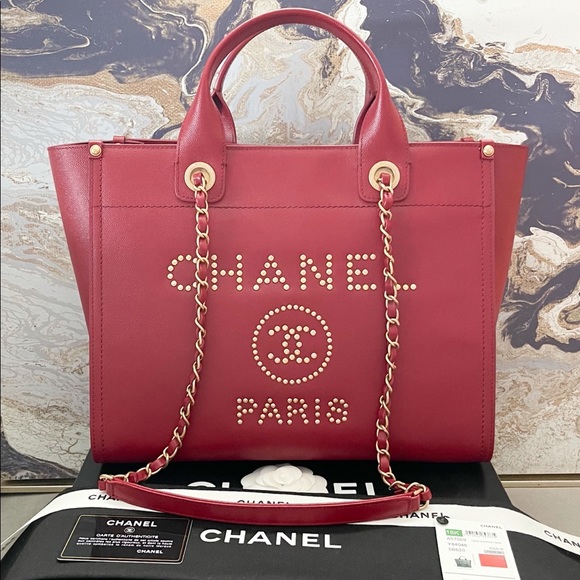 CHANEL Handbags - Sold! Chanel Medium Deauville Caviar Studded Red Leather Tote